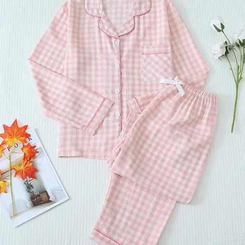 Two-Piece Set Women's Plaid Print Lapel Neck Pocket Shirt & Bow Decor Pants Pyjama, Long Sleeve Button Up Top & Trousers PJ Set, Pajama Set, Women's Sleepwear & Loungewear for Spring & Fall