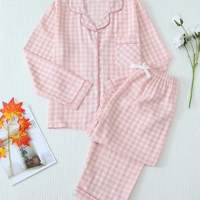 Two-Piece Set Women's Plaid Print Lapel Neck Pocket Shirt & Bow Decor Pants Pyjama, Long Sleeve Button Up Top & Trousers PJ Set, Pajama Set, Women's Sleepwear & Loungewear for Spring & Fall