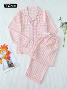 two-piece set women's plaid print lapel neck pocket shirt & bow decor pants pyjama, long sleeve button up top & trousers pj set, women's sleepwear for spring & fall valentine's day, gift