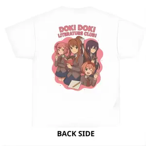 Back Print Doki Doki Literature Club T-shirt, Anime Fan T-shirt, Game Costume, Cute Unisex Summer Women's Round Neck Top, Men's and Women's Casual Sports Short Sleeved T-shirt