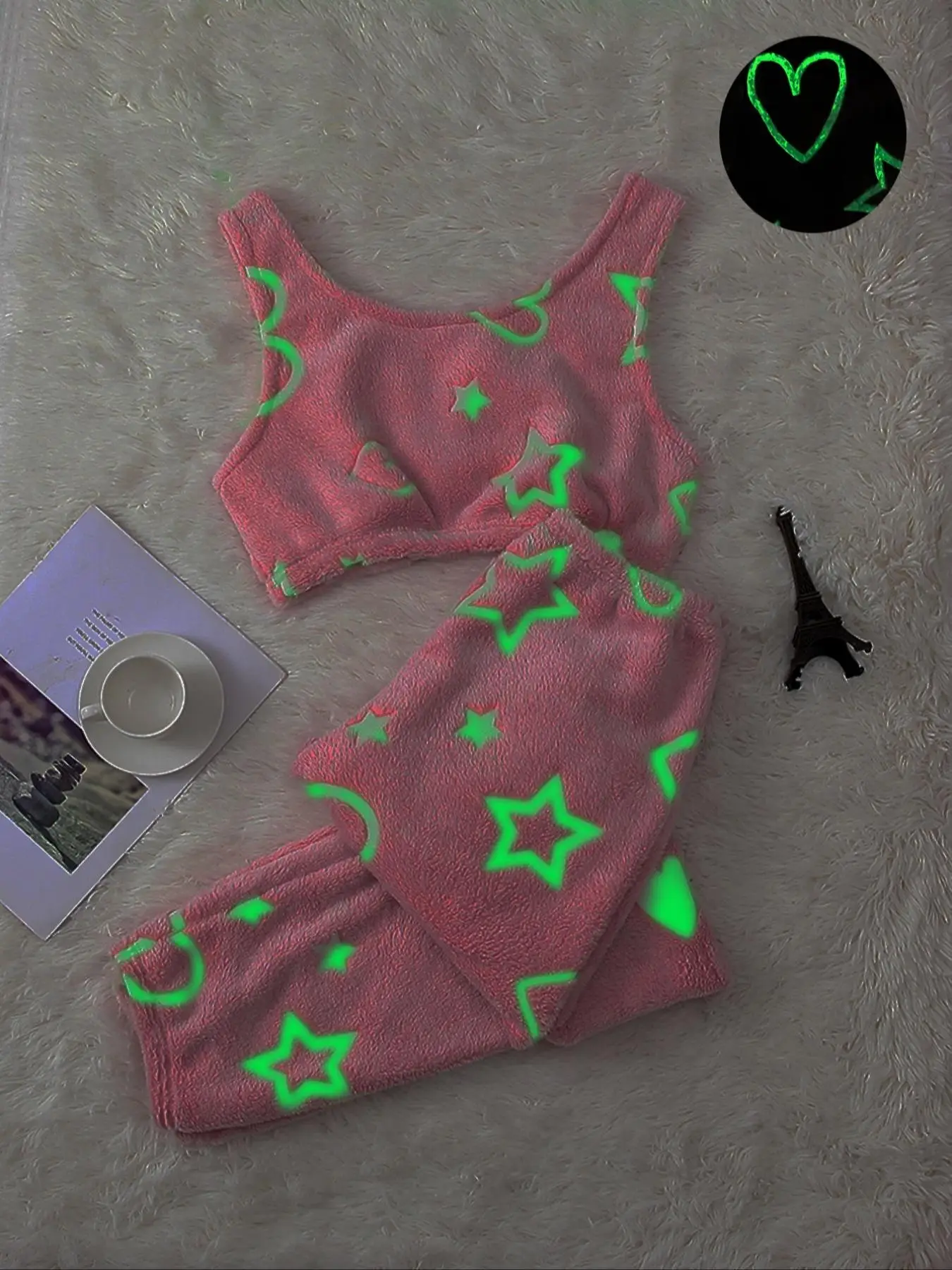Women's Glow in The Dark Heart & Star Flannel Pajama Set, Fluffy Pajamas, Tank Top & Elastic Waist Pants Pjs Set, Women's Sleepwear, Cute Outfits
