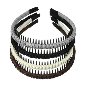 CHEIBEAR 4pcs Teeth Comb Headband, Solid Color Tooth Comb Hair Hoop Women's, Non-slip Hair Bands Hair Accessories for Yoga, Exercise, Makeup, Face Washing, Black Beige Deep Brown Gray