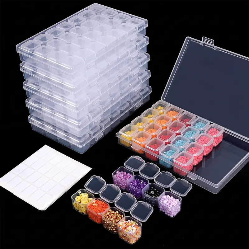 Transparent Plastic Diamond Painting Storage Box - 1pc with 28 Mini Slots, Removable Row Compartments (Each Row Can Be Removed), Transparent Lid, Color Stickers, for DIY Arts and Crafts Grid Mosaic Needlework Kit Accessories