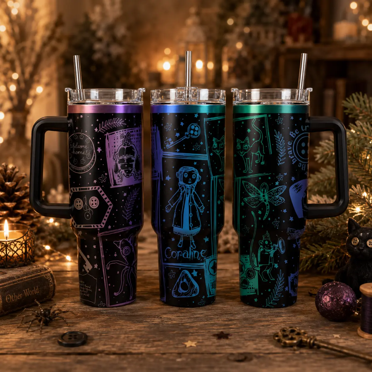 Neon Secret Door Sketch 40oz Tumbler, Button Cat Mystical Line Art Cup, Rainbow Gothic Insulated Mug with Handle and Straw