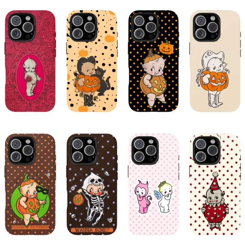 Kewpie Spooky Kitsch Halloween Cute Phone Case for Toddler Kids - Shock-Proof, Lightweight, Handle-Equipped Multi-Model Cover (Various Sizes, Cute & Halloween-Themed Accessories) for iPhone 11-17, Samsung S22-S26, Cute Phone Accessories, Halloween-Themed