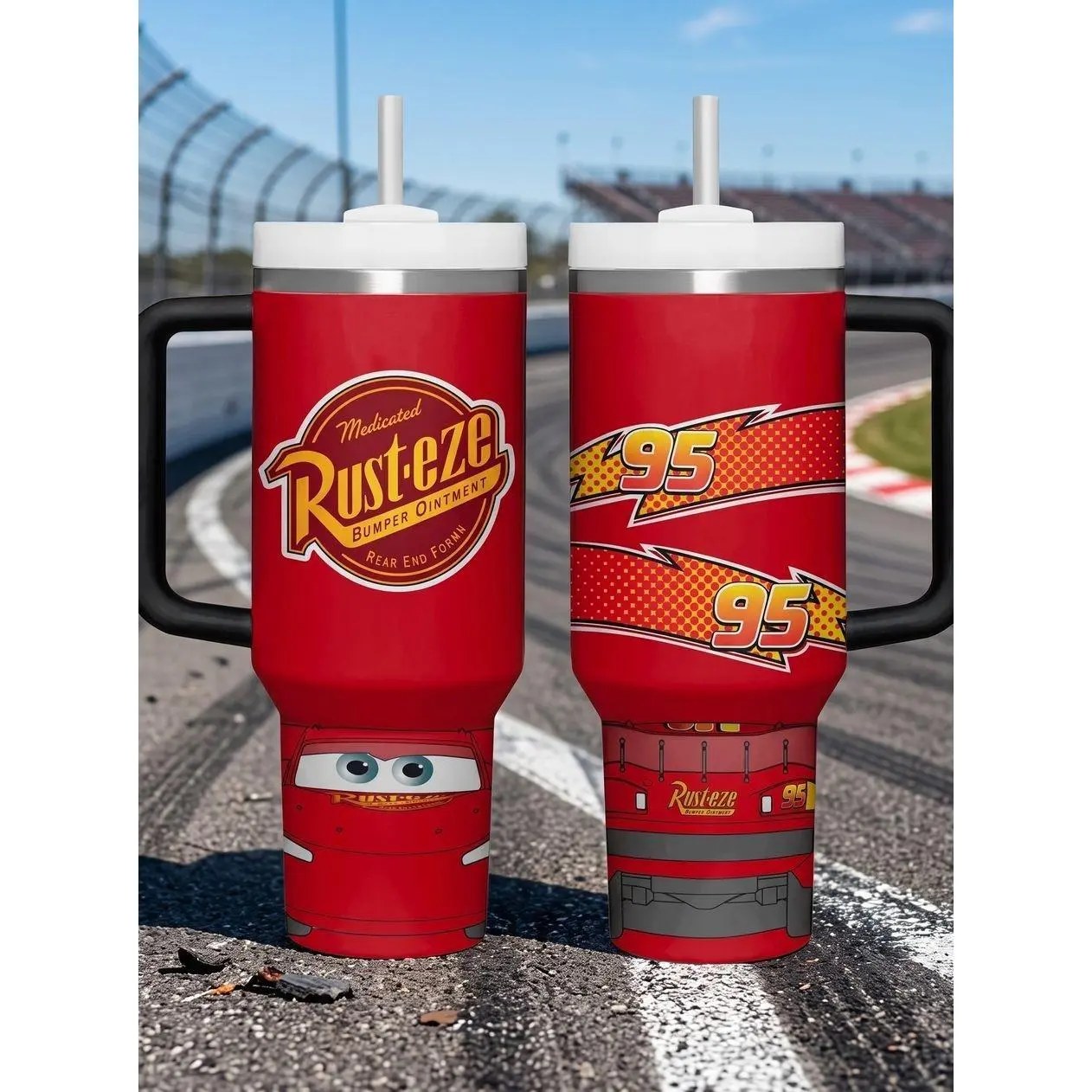 Lightn' M.cqueen Racing 40oz Tumbler with Handle and Straw, Stainless Steel Travel Mug, Birthday Gift for Car Lovers