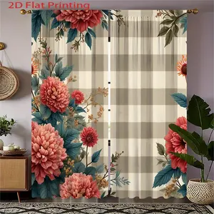 2pcs Floral Checkered Curtains with Red Flowers & Green Leaves - Semi-Transparent Rod Pocket Window Drapes