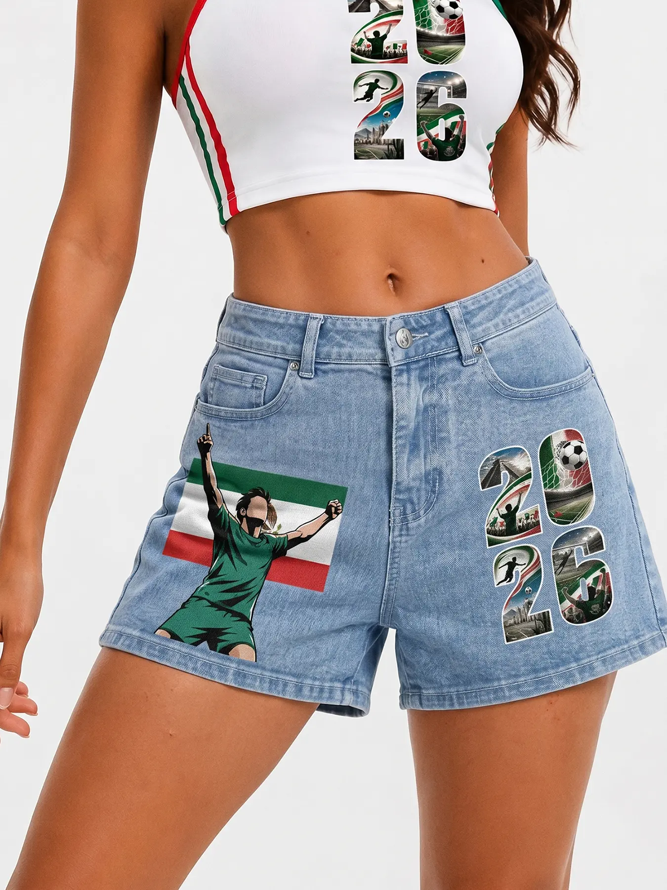 JR JEANIUS WEAR Women's Mexico 2026 Soccer Graphic Jean Shorts, High Waisted 90s Knee Length Stretch Denim Bottoms for Curvy Fit, Jersey, Football, Flag, Print