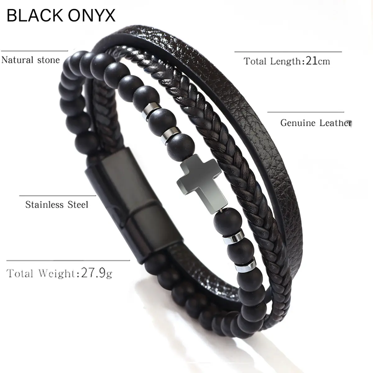 Unisex 8in Natural Black Onyx Stone Bracelet - 3-Layer Genuine Leather Design with Cross, Stainless Steel Magnetic Clasp, Stainless Steel Accents, Genuine Leather Bracelet, Unisex Bracelet