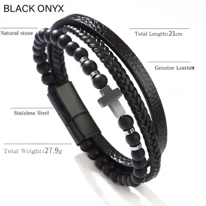 8 inches Natural Black Onyx Bracelet with Cross - 3 Layer Leather Bracelet for Men and Women -Stainless Steel Magnetic Clasp