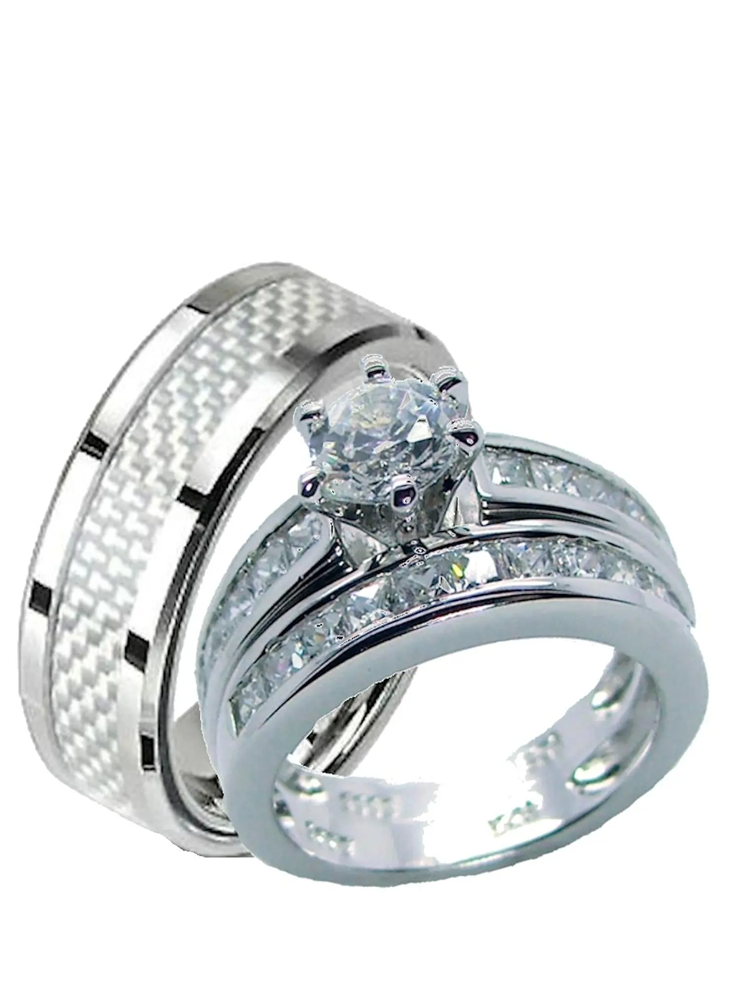 His Hers Sterling Silver and Stainless Steel Wedding Set Hinged Ring Engagement