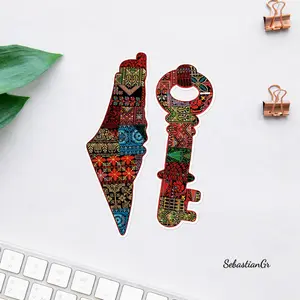 Palestine Map & Key Sticker, Traditional Embroidery Pattern, Cultural Heritage Symbol Design