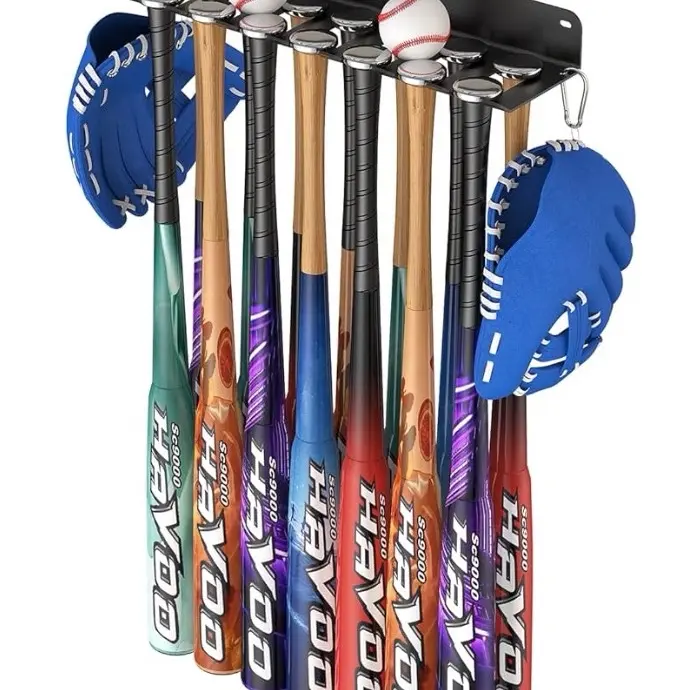 Wall Mount Baseball Bat Holder, 8 Prongs Heavy Duty Steel Bat Rack Holds 14 Bats, Baseball Softball Bats Organizer on Dugout Fence Home Garage, 14 Bats Rack