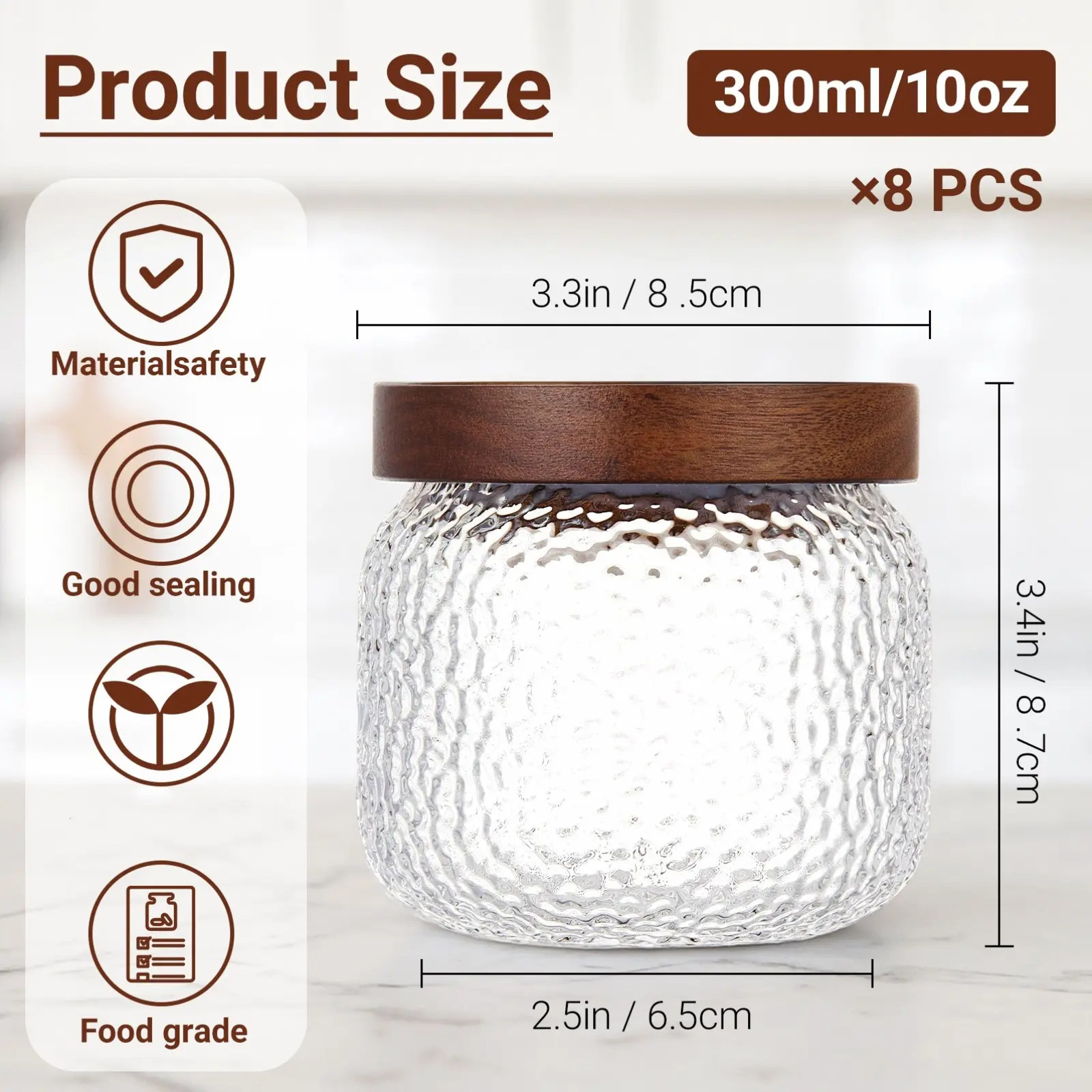 8-Pack 10 Oz Glass Jars with Lid Vintage Decorative Glass Storage Jars Airtight Canister Wide Mouth Anti-Slip Food Containers for Kitchen Coffee Nuts Sugar Candy Cookie Tea Spices Oats