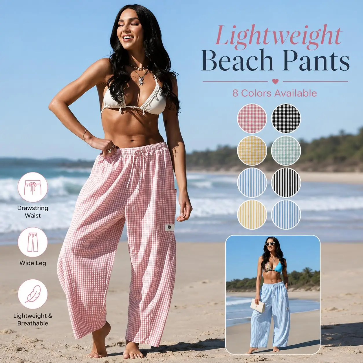 Women Lightweight Beach Wide Leg Pants, Drawstring Elastic Waist Cover Up Trousers, Striped Gingham Loose Palazzo Pants Breathable Vacation Swim Cover Up Pants with Pockets Bottoms Casual Summer Tropical