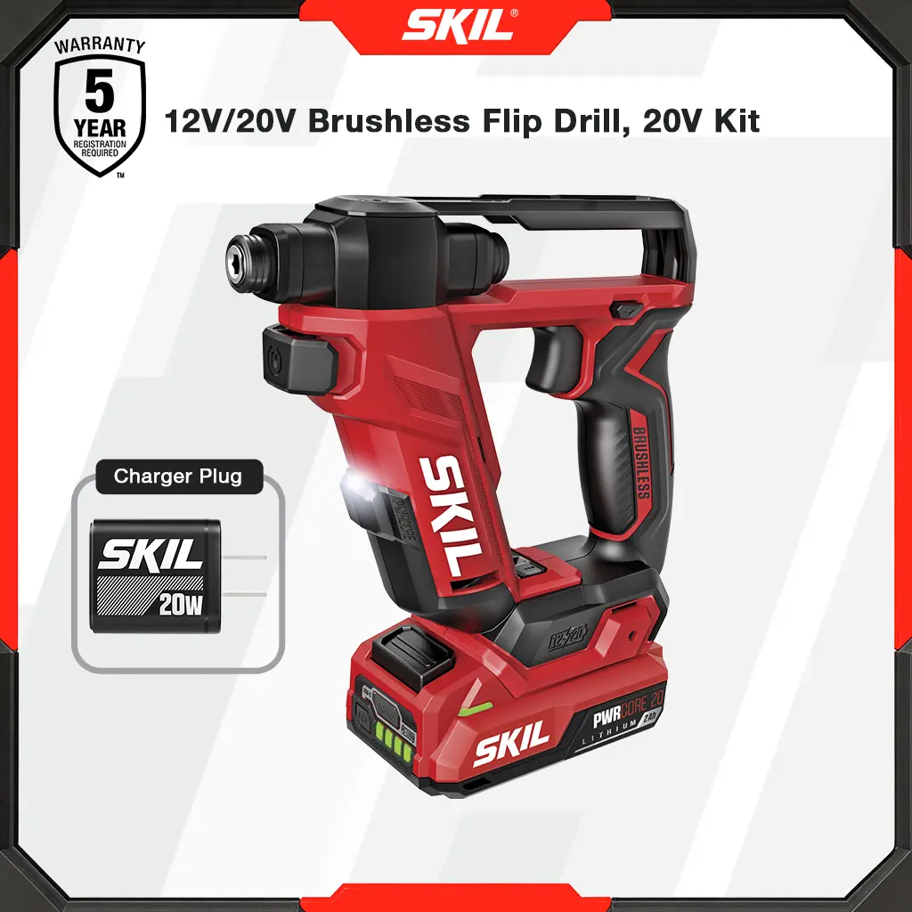 SKIL PWR CORE 20 Brushless 20V Flip Drill Driver Kit with Double Collect Flip Head, Torque Settings & Magnetic On-board Storage, Includes 2.0 Ah USB-C Battery and Charger