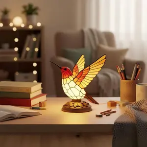 Resin Red Parrot & Hummingbird Figurine Night Light Table Lamp - Home Decor Ambient Ornament