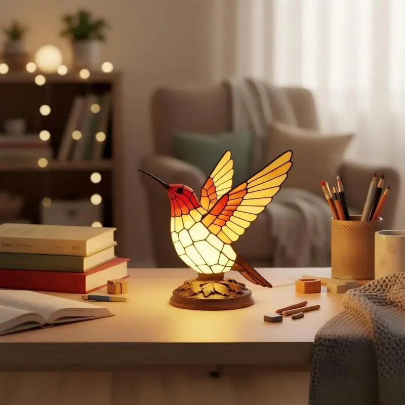 Resin Red Parrot & Hummingbird Figurine Bedside Night Light - Ambiance Table Lamp for Bedroom Decor & Home Ornament, Bedroom Decor Lamp