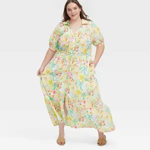 Women's Vacation Short Sleeve Maxi Dress Yellow/Green - Roller Rabbit 3X