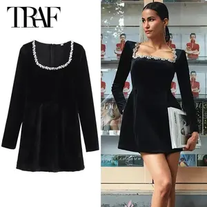 Womens Dresses Rhinestone Velvet Dress Women's Dress Long Sleeve Tunic Short Dress Mini Black Vestidos Christmas Dress