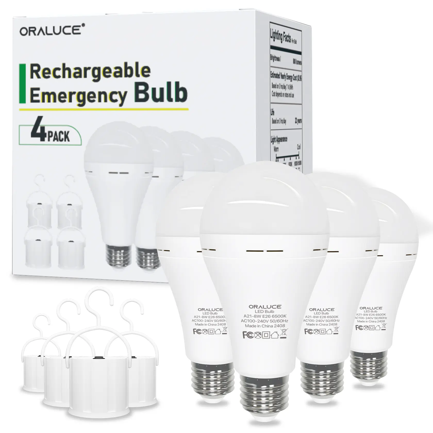 Emergency Rechargeable LED Table Light Bulbs, 60W Cool White 6500K, Battery-Powered Energy Saver, Dimmable Long-Lasting, Blackout Ready for Storms, 2-Pack/4-Pack for Lamps, 24-Month Satisfaction Service