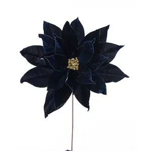 GIANT VELVET POINSETTIA STEM Midnight Blue Gold 22" H X 17.75" W