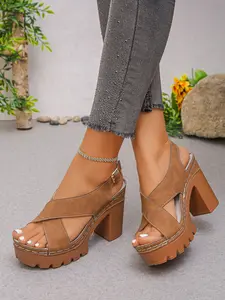 Women's Fashionable Open Toe Chunky Heel Sandals, Lightweight Elegant High Heels for Summer, Comfortable Slip-On Shoes for Daily Wear, Chunky Sole Sandals