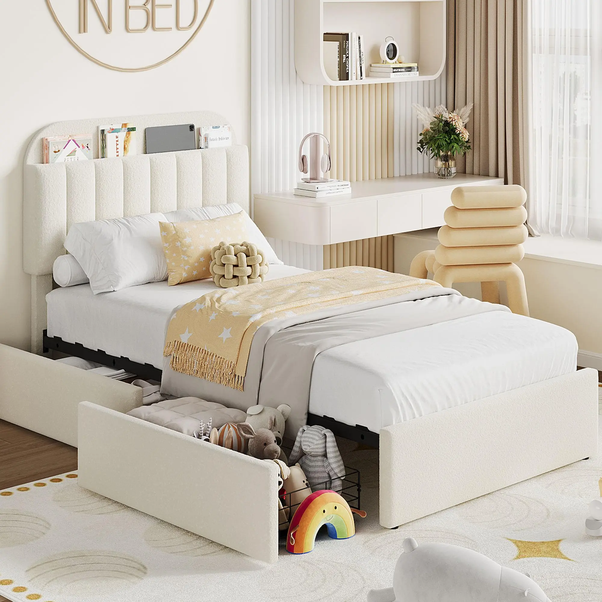 Twin Size Bed Frame with 2 Flexible Drawers, Boucle Upholstered Platform Bed Frame with Bookcase Headboard, Bedframe for Kids/Girls, Easy Assembly, No Box Spring Needed, Noise Free