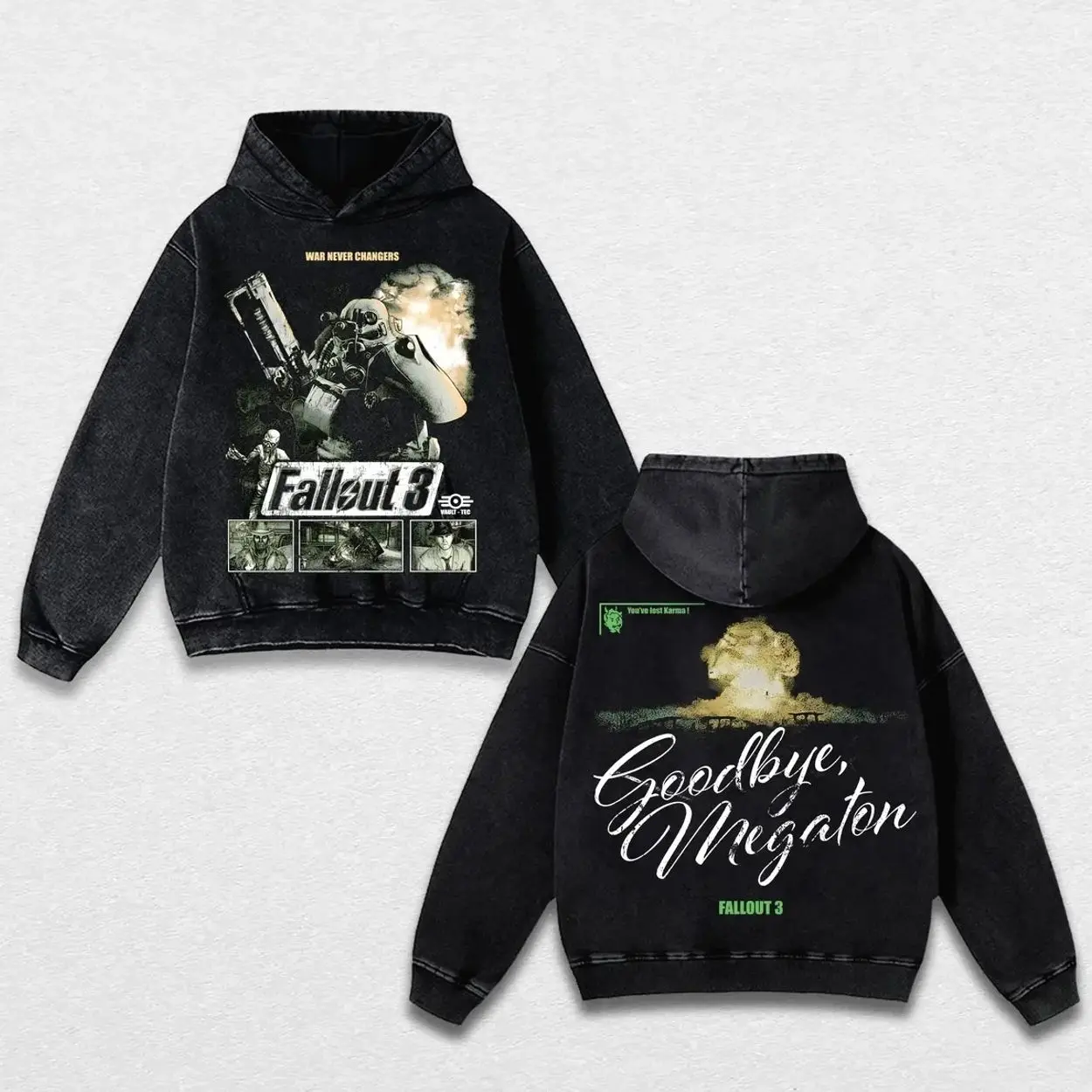 Fallout 3 Vintage War Never Changes Goodbye Megaton Unisex Cotton Graphic Hoodie for Gamers Casual Menswear Top Apparel Oversize Lightweight Cotton Washed T-Shirt 2EK