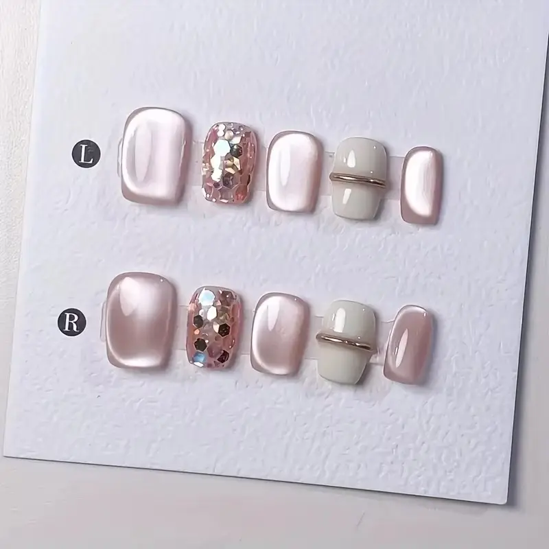 10pcs high-end Light luxury pink cat eyes handmade square shape fake nails, Short pink nail decoration patch for women, Decorative Nails, Glossy False Nails
