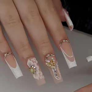 Flower & Butterfly Decor Fake Nail, 24pcs Long Coffin Press on Nails for Women & Girls DIY Nail Art, Removable and Reusable Stick on Nails Kit Wedding Nails