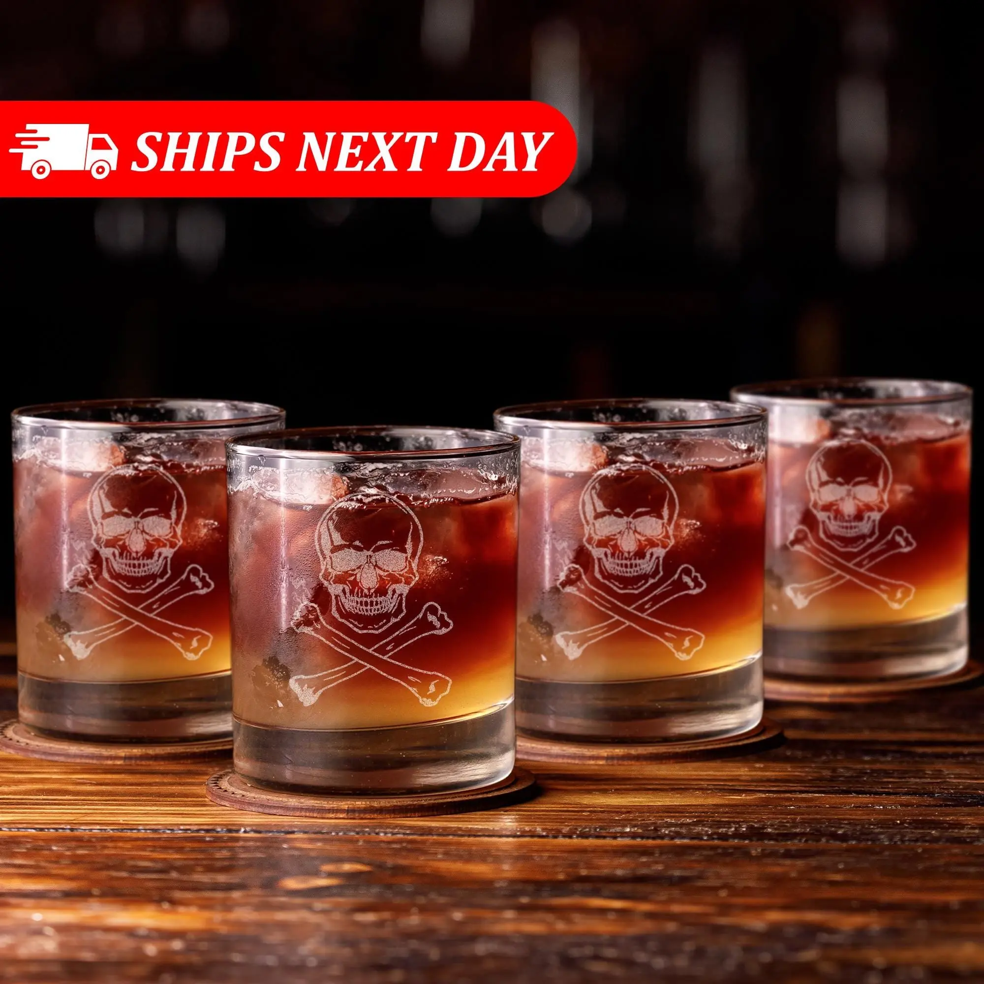 Skull and Crossbones Whiskey Glass Set of 4 - 11.5oz Engraved Gothic Rocks Glass - Halloween Gift for Him & Edgy Home Bar Decor