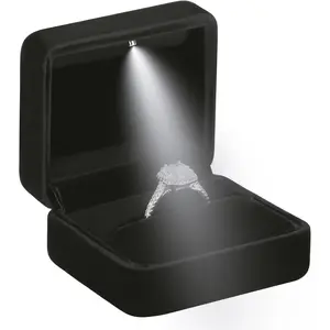 Classic Metal Glossy  Ring Box with LED Light,  Ring  Box for Proposal Engagement Wedding Anniversary Birthday Ceremony (Black)