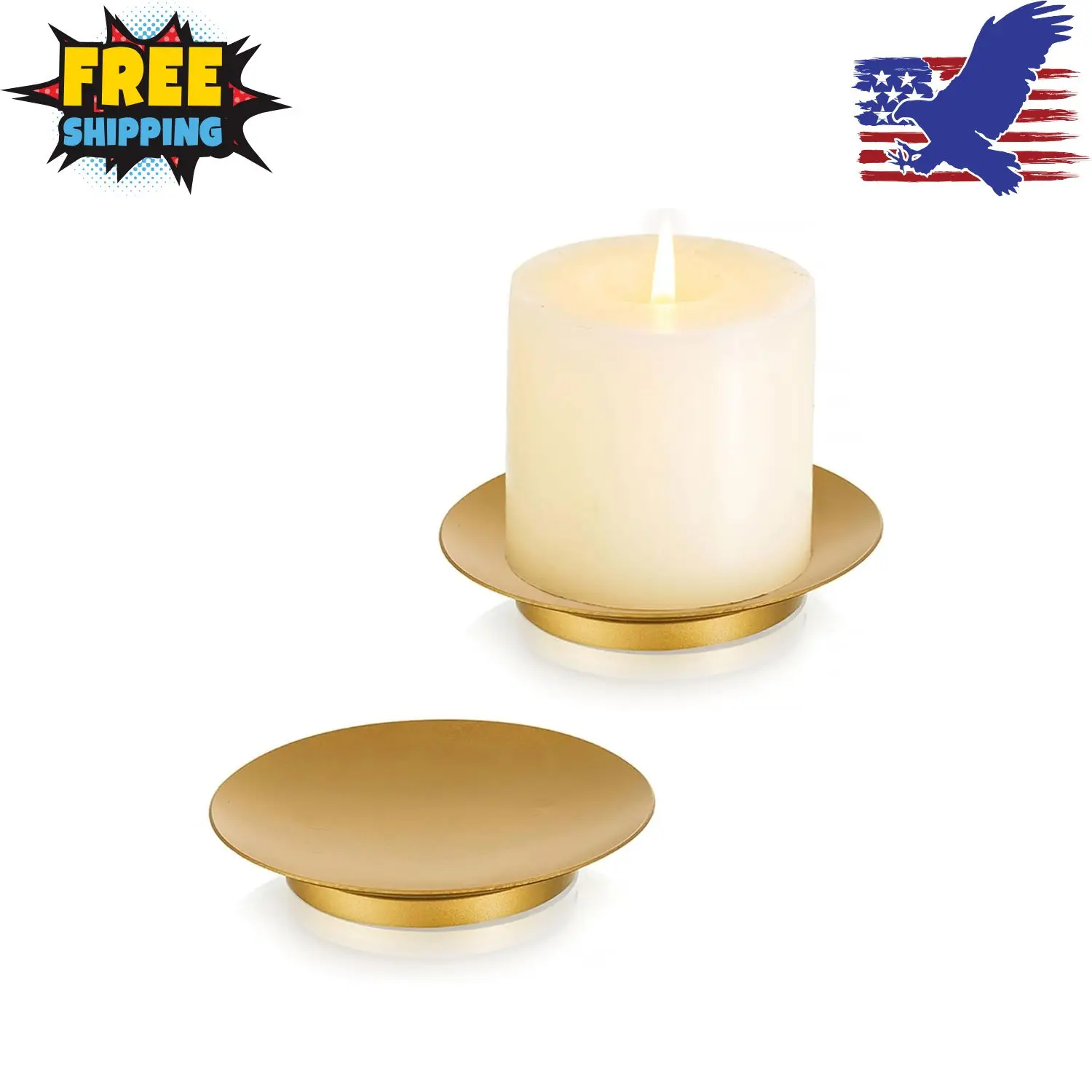 Iron Plate Pillar Candle Holder - Gold, Set of 2 Small Candle Tray