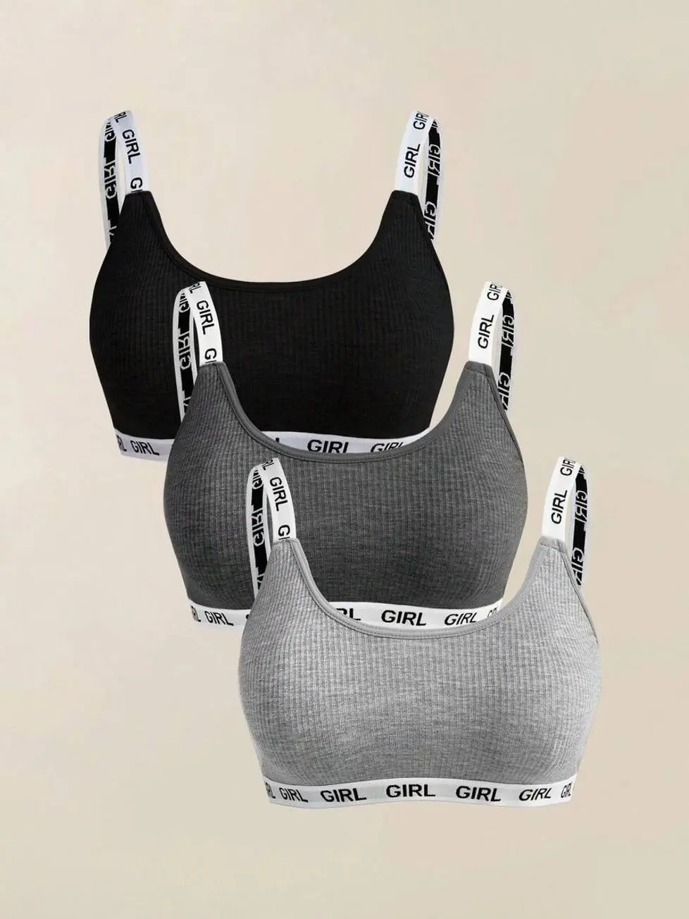 3Pcs Women's Seamless Ribbed Sports Bra Set | Wireless Scoop Neck Bralettes with Letter Elastic Band | Soft Stretch Everyday & Yoga Bras