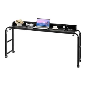 VEVOR Overbed Table, Portable Work Table, Mobile Height-Adjustable Rolling Desk with 4 Wheels (2 with Brakes), Power Socket & Particleboard Top for Home, Office Use, Black