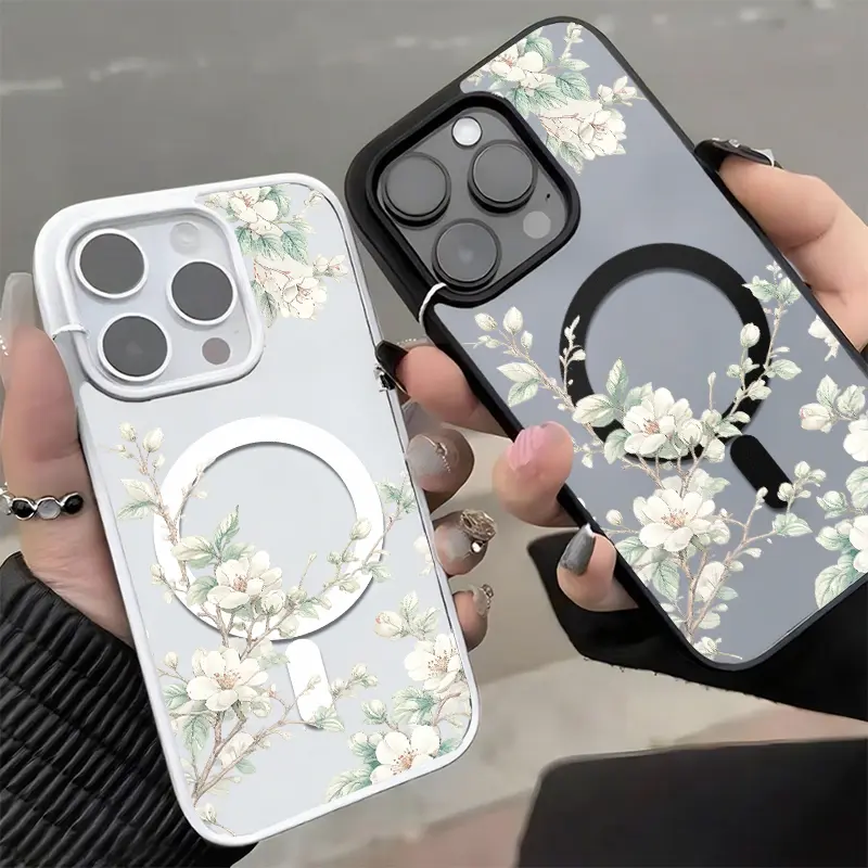 White Blossom Branch Phone Case Delicate Watercolor Floral Style for iPhone 17 16 15 14 13 12 11 Plus Pro Max Acrylic Frosted Magnetic Suction Case
