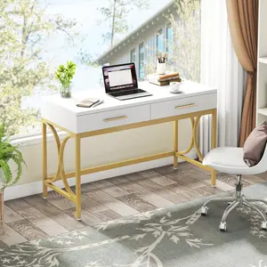 LITTLE TREE Modern Computer Desk with 2 Drawers, 41 Inches Study Writing Office Desk for Home Office, Bedroom, Makeup Vanity Table Desk with Gold Metal Frame