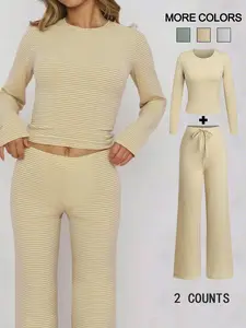 Women's Casual Striped Top & Pants Set, Spring Fashion Two-Piece, Comfortable and Stylish Clothing for Daily Wear,Women's Casual Striped Top & Pants Set, Spring Fashion Two-Piece, Comfortable and Stylish Clothing for Daily Wear,Airport Outfit