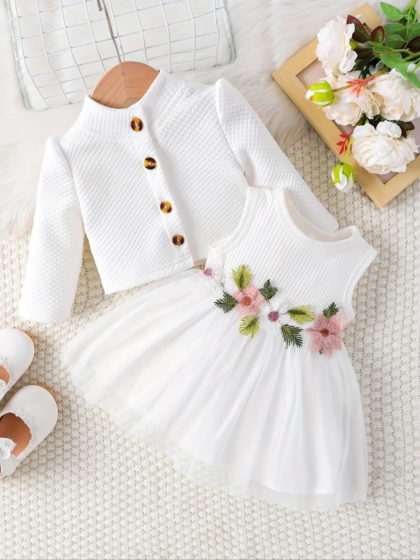 Girls Sleeveless Mesh Floral Pattern Dress, Long Sleeve Outerwear Two-Piece Set, Cute Summer, Casual Fashion for Kids, Girlly Summer Clothes, Dresses Summer, Little Sister Outfit
