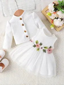 Girls Sleeveless Mesh Floral Pattern Dress, Long Sleeve Outerwear Two-Piece Set, Cute Summer, Casual Fashion for Kids