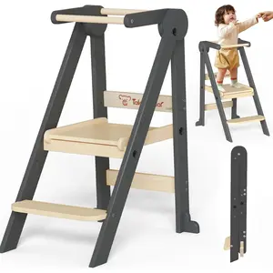 Foldable  Kitchen Stool Helper,  Standing Tower with 3 Adjustable Heights, Collapsible Wooden Step Stool for Kitchen & Bathroom, Montessori Learning Helper Tower for  Aged 1-6
