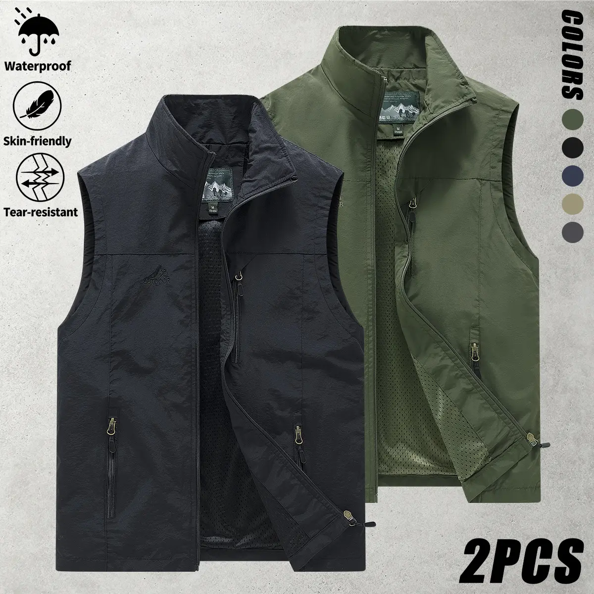 JOGWAVE Men's Casual Sports Multifunctional Workwear Vests (2-Pack) - Collarless, Multi-Pocket Zoned Storage, Suitable for Spring-Summer-Autumn, Ideal for Mountaineering, Hiking, Camping