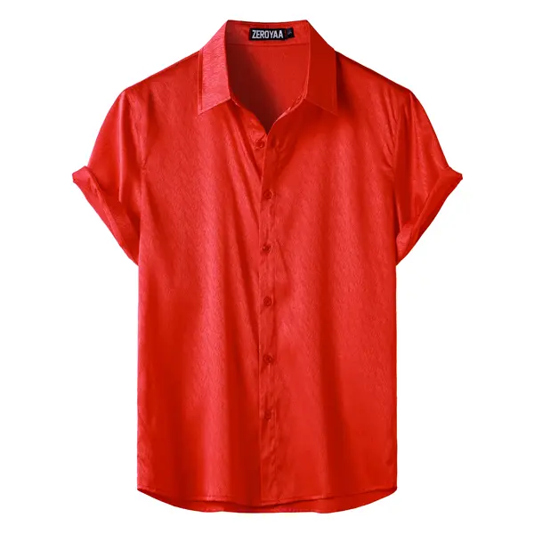 ZEROYAA Men's Luxury Shiny Satin Jacquard Fabric Shirt, Modern Fit Short Sleeve Button-Down, for Summer Evening Party Prom Casual Wear, Sexy, Concert