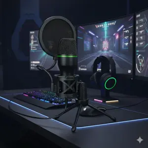 RGB Professional USB Condenser Microphone Kit Live Streaming Mic with Smart Noise Reduction & Tripod Stand for Streaming Gaming Podcasting Recording Video Production Online Teaching Conference.