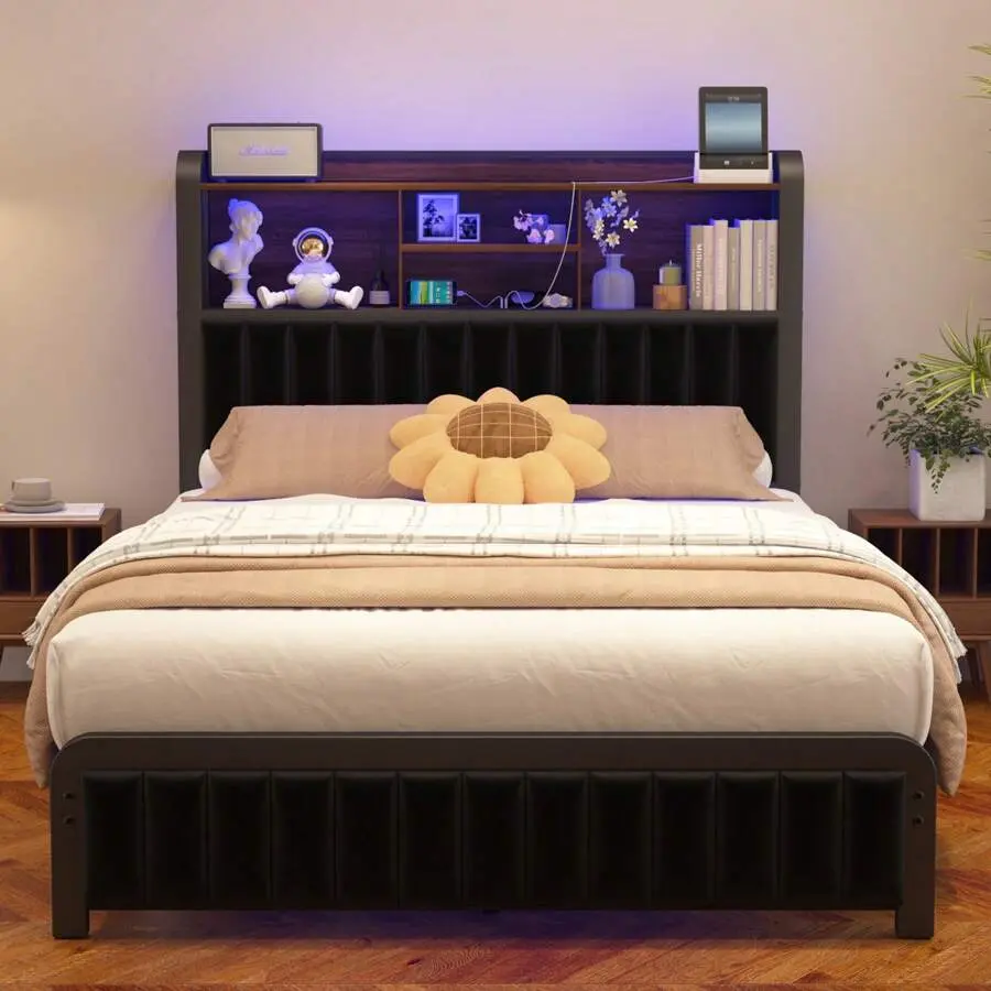 Vintage Brown & Black Full/Queen Size Upholstered Heavy Duty Platform Bed Frame with LED Light Strip, Storage Headboard & Footboard, USB Ports & Charging Station Outlets, Easy Assembly, Pu Leather