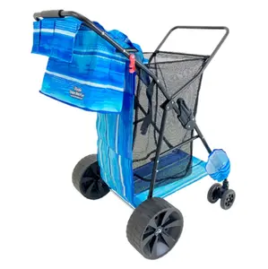 EasyGo Product Beach Cart Deluxe – Heavy Duty Folding Cart Beach Wagon Design – Large Sand Wheels – Holds 4 Beach Chairs – Storage Pouch-Beach Umbrella Holder–Removable Beach Bag - Striped Pattern