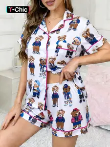 Women's Summer Casual Loungewear Set, Bear Print Short Sleeve Top & Shorts, Soft Breathable Fabric, Elastic Waist Design, All-Season Wear