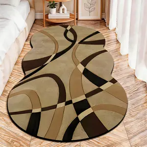2D Flat velvet irregular decorative rug with modern abstract brown and beige geometric line pattern, machine washable non-slip carpet for bedroom, all seasons & holiday decor, durable & easy to clean.