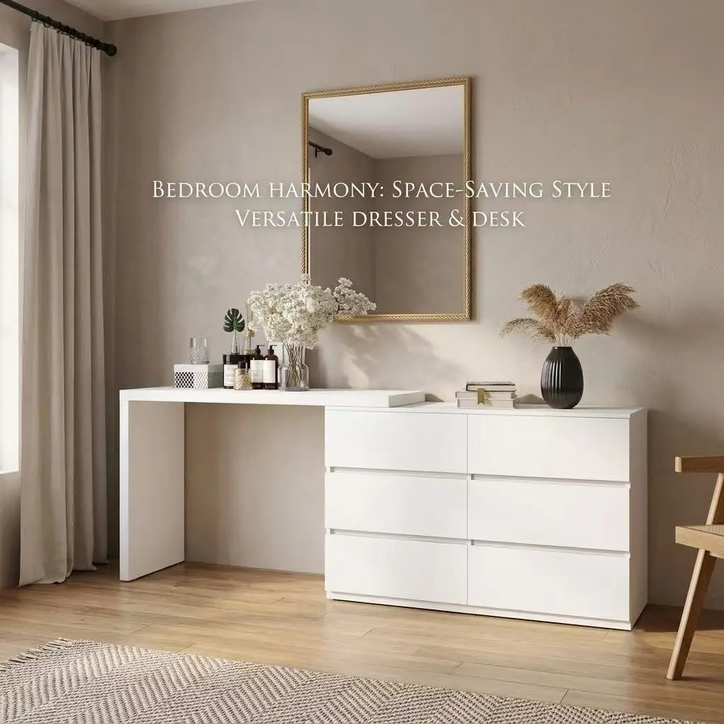 White 6-Drawer Chest of Drawer with Extended Desktop & Rotatable Design, Multifunctional Vanity Storage organizer for Bedroom Living Room, No More Cluttered Spaces